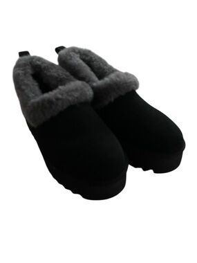 NWT UGG Nita Black Slip-On Shearling Clog Slippers with Gray Fur Collar Size 9